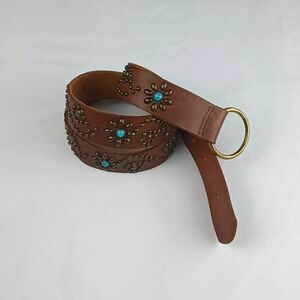Brown Leather Studded Belt with Turquoise Accents